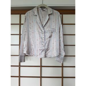 Lounge XS Satin Bow Print Pajama Top Pink Blue Coquette Sleep Shirt